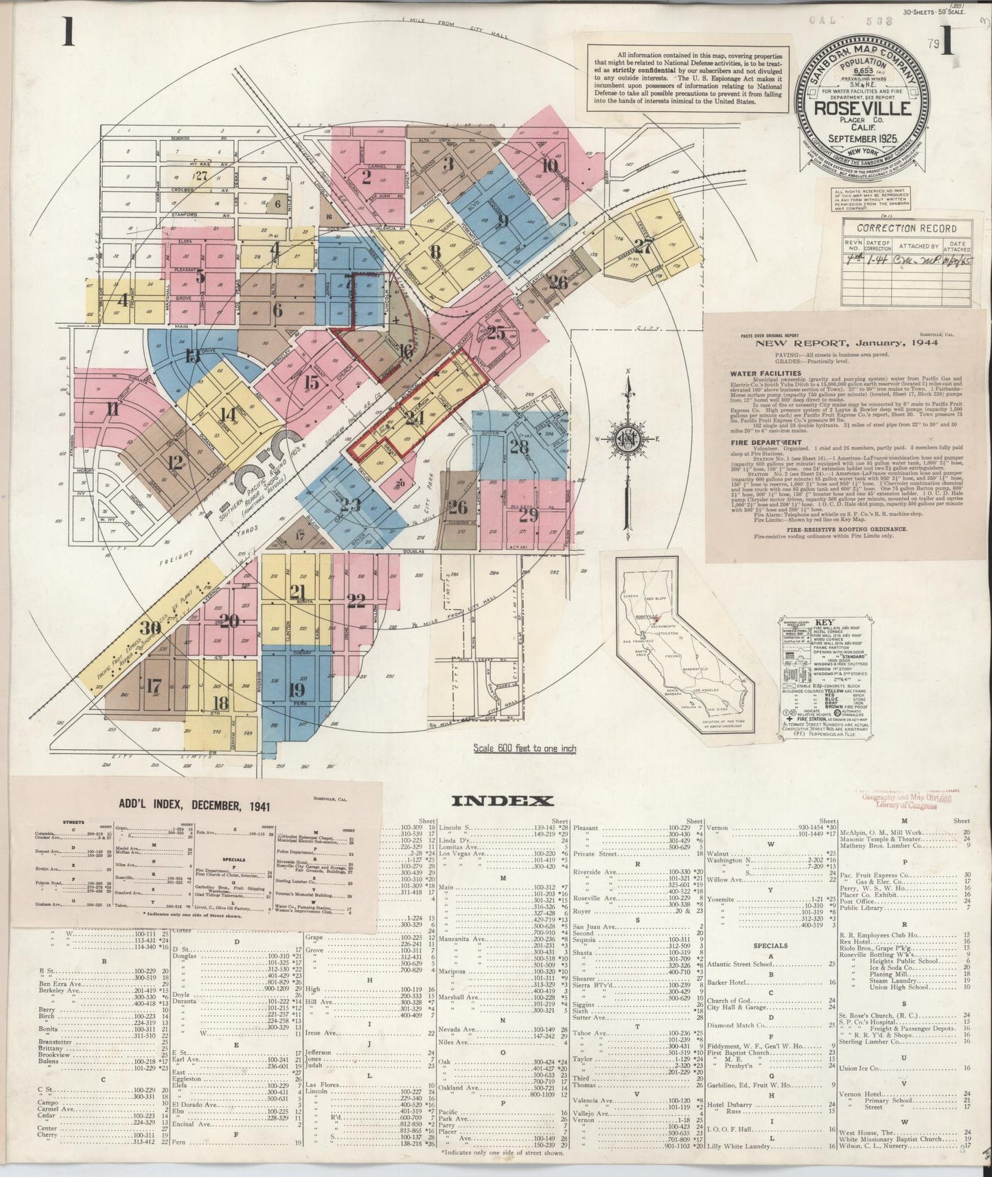 Sanborn Fire Insurance Map from Roseville, Placer County, California. (1944) – Historic Sanborn Fire Insurance Map Print