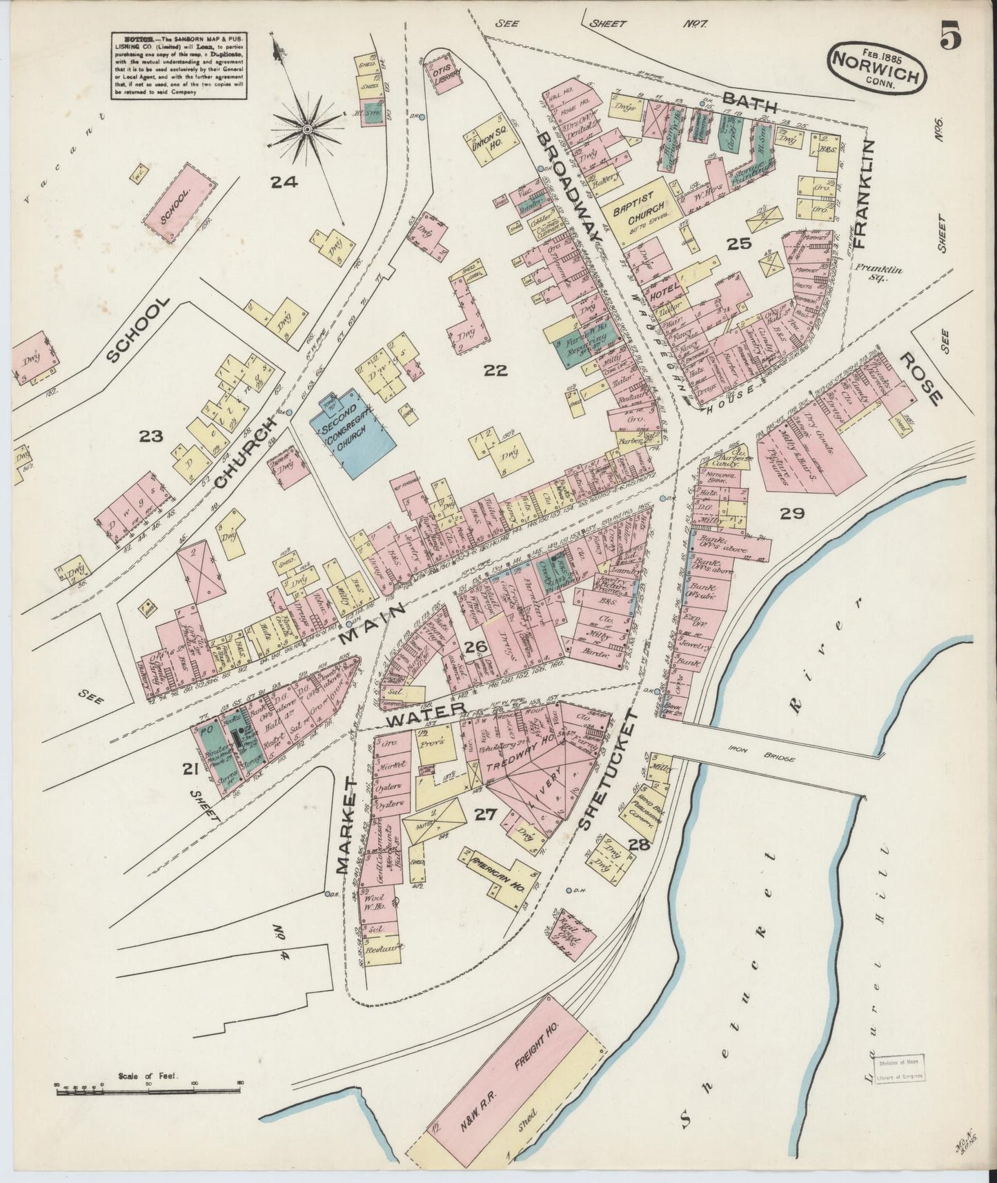 Sanborn Fire Insurance Map from Norwich, New London County, Connecticut (1885), Sheet #0005 - Historic Sanborn Fire Insurance Map Print, vintage old map wall art, antique decor, genealogy gift, Connecticut Connecticut map