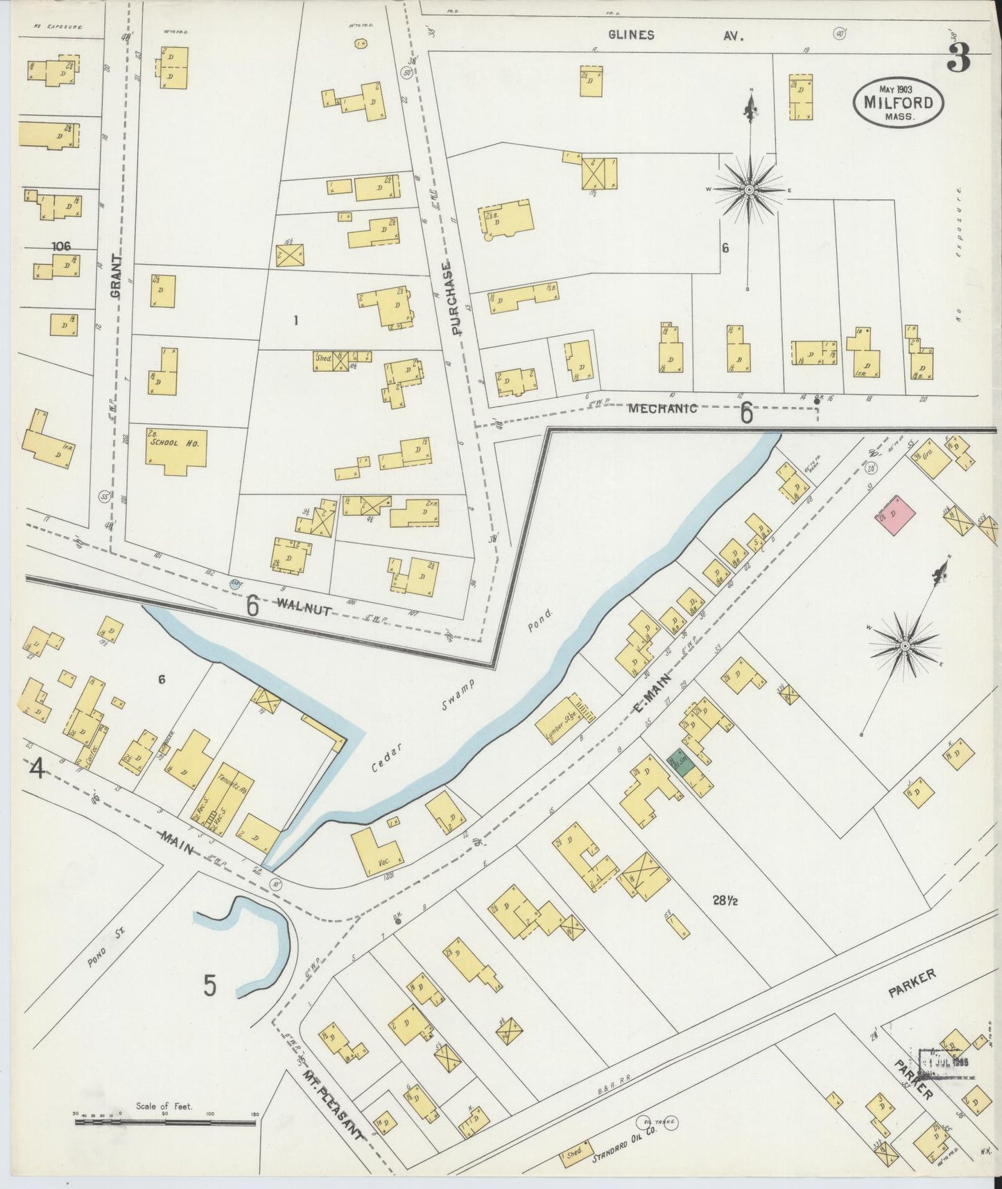 Sanborn Fire Insurance Map from Milford, Worcester County, Massachusetts (1903), Sheet #0003 - Historic Sanborn Fire Insurance Map Print, vintage old map wall art, antique decor, genealogy gift, Massachusetts Massachusetts map
