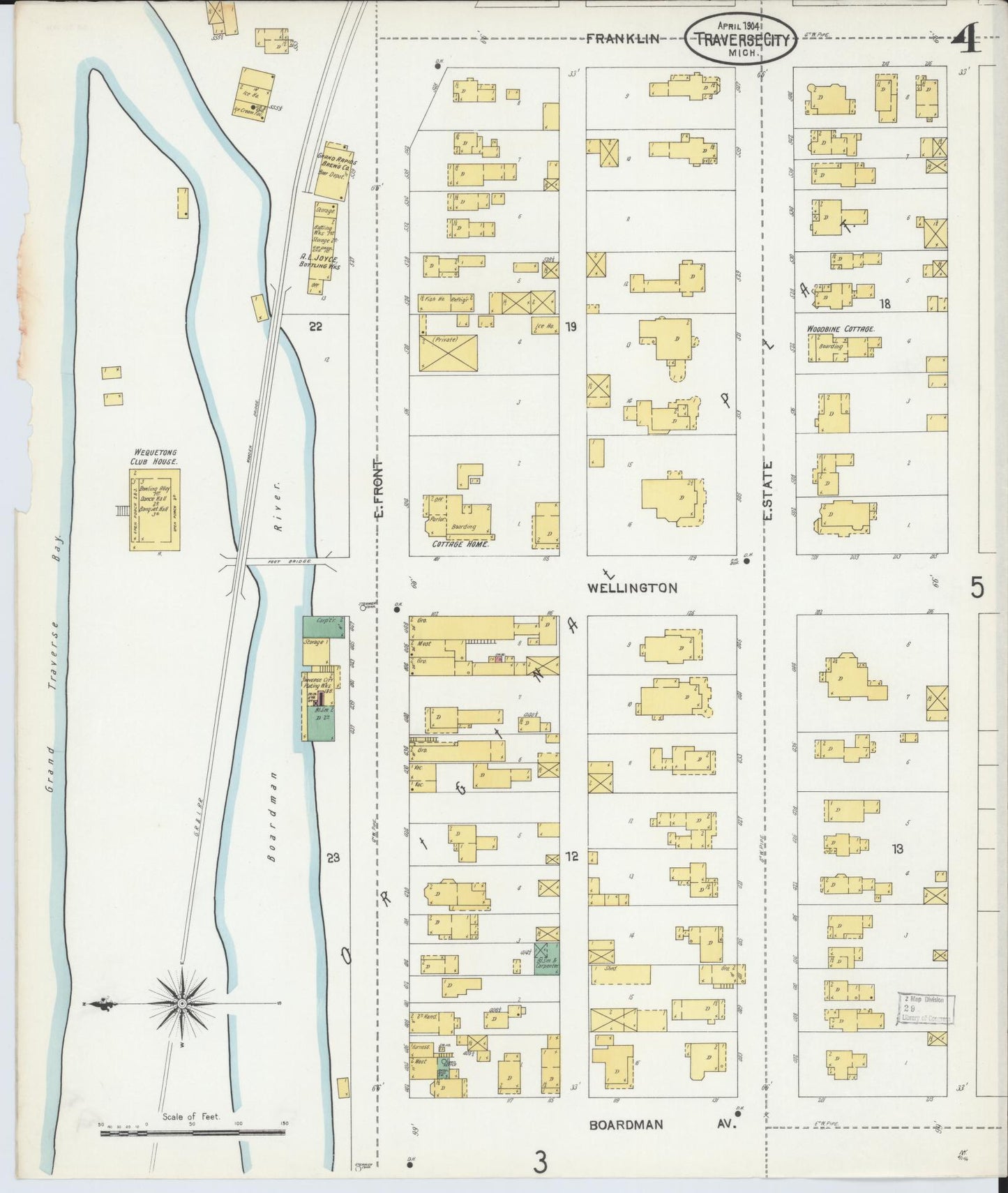 Sanborn Fire Insurance Map from Traverse City, Grand Traverse County, Michigan (1904), Sheet #0004 - Historic Sanborn Fire Insurance Map Print, vintage old map wall art, antique decor, genealogy gift, Michigan Michigan map