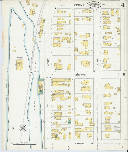 Sanborn Fire Insurance Map from Traverse City, Grand Traverse County, Michigan (1904), Sheet #0004 - Historic Sanborn Fire Insurance Map Print, vintage old map wall art, antique decor, genealogy gift, Michigan Michigan map