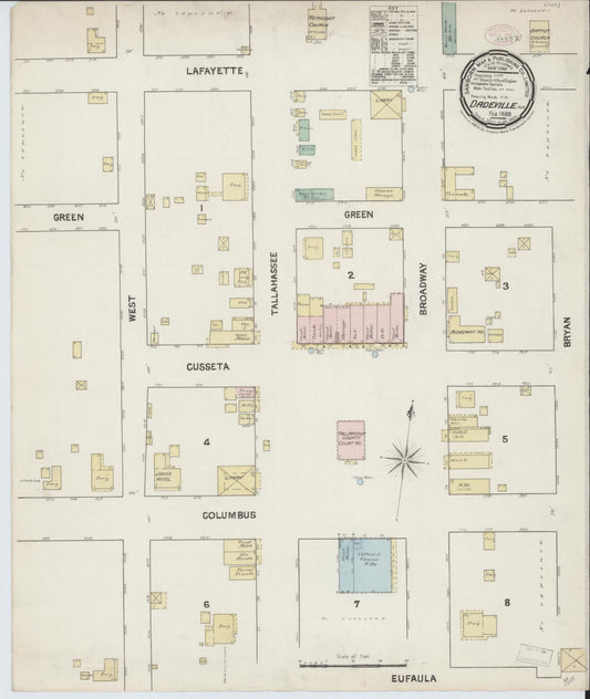 Sanborn Fire Insurance Map from Dadeville, Tallapoosa County, Alabama (1889), Sheet #0001 - Historic Sanborn Fire Insurance Map Print, vintage old map wall art, antique decor, genealogy gift, Alabama Alabama map