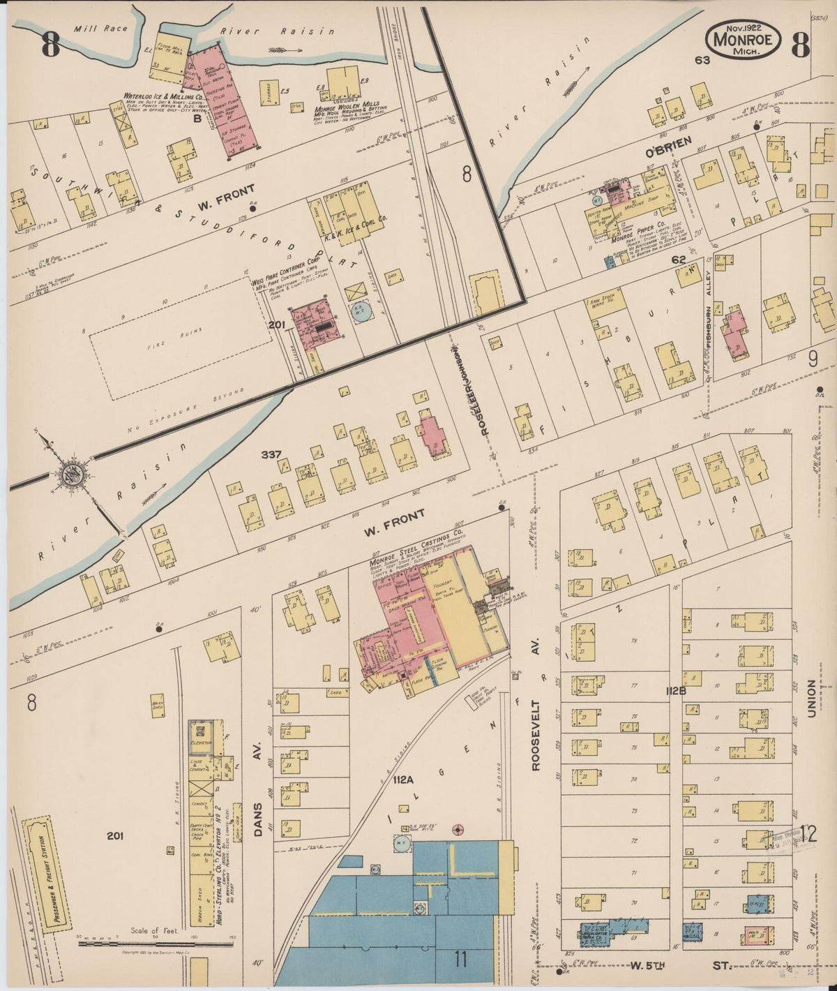 Sanborn Fire Insurance Map from Monroe, Monroe County, Michigan (1922), Sheet #0008 - Historic Sanborn Fire Insurance Map Print, vintage old map wall art, antique decor, genealogy gift, Michigan Michigan map