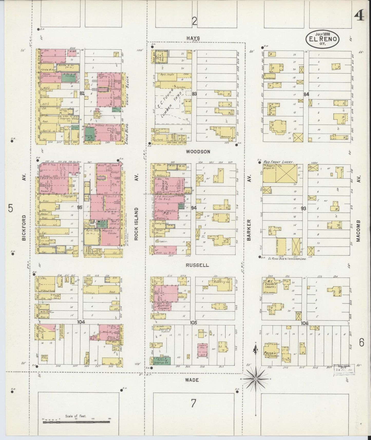 Sanborn Fire Insurance Map from El Reno, Canadian County, Oklahoma (1898), Sheet #0004 - Historic Sanborn Fire Insurance Map Print, vintage old map wall art, antique decor, genealogy gift, Oklahoma Oklahoma map