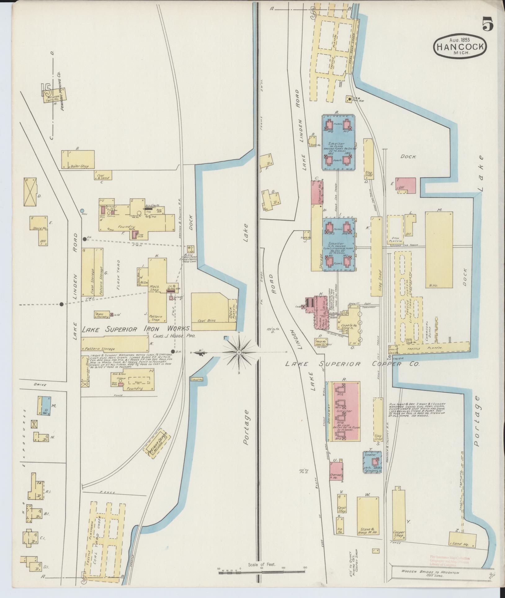 Sanborn Fire Insurance Map from Houghton, Houghton County, Michigan (1893), Sheet #0005 - Historic Sanborn Fire Insurance Map Print, vintage old map wall art, antique decor, genealogy gift, Michigan Michigan map