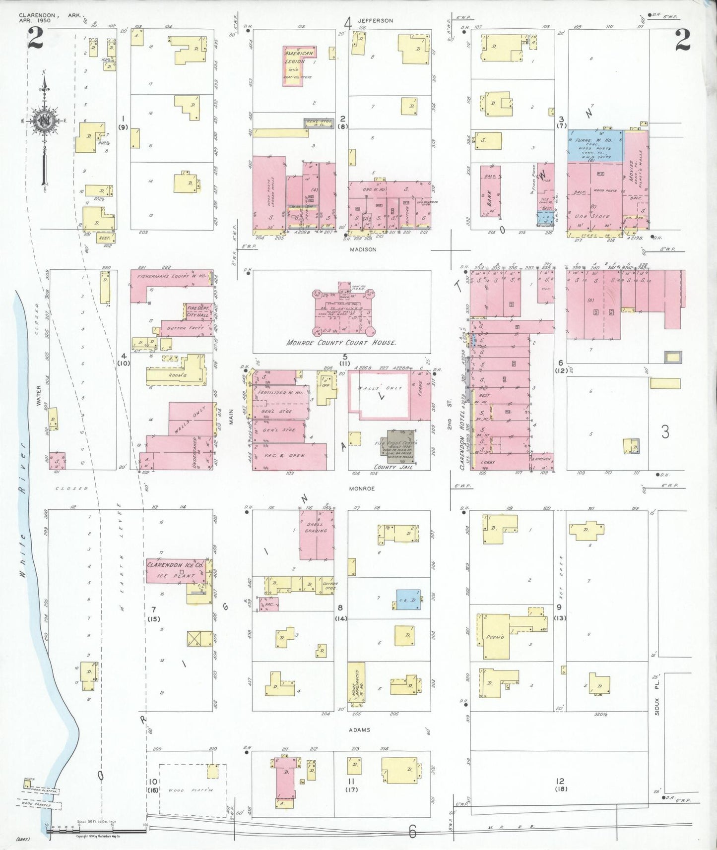 Sanborn Fire Insurance Map from Clarendon, Monroe County, Arkansas (1950), Sheet #0002 - Complete Map Set gallery image, historic Sanborn map, vintage wall art, Arkansas Arkansas