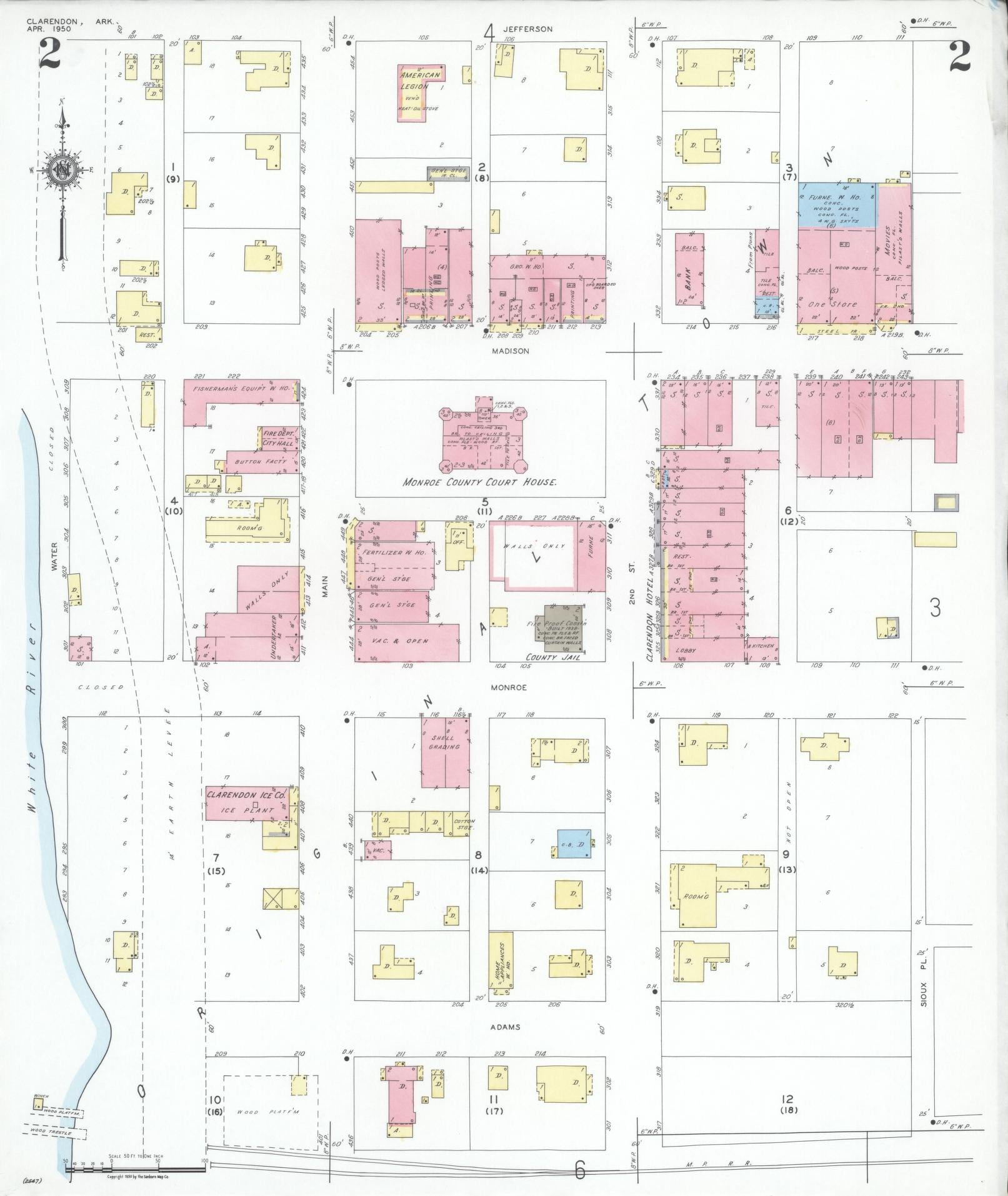 Sanborn Fire Insurance Map from Clarendon, Monroe County, Arkansas (1950), Sheet #0002 - Complete Map Set gallery image, historic Sanborn map, vintage wall art, Arkansas Arkansas