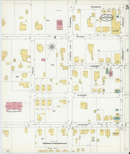 Sanborn Fire Insurance Map from Anderson, Anderson County, South Carolina (1906), Sheet #0005 - Complete Map Set gallery image, historic Sanborn map, vintage wall art, South Carolina South Carolina