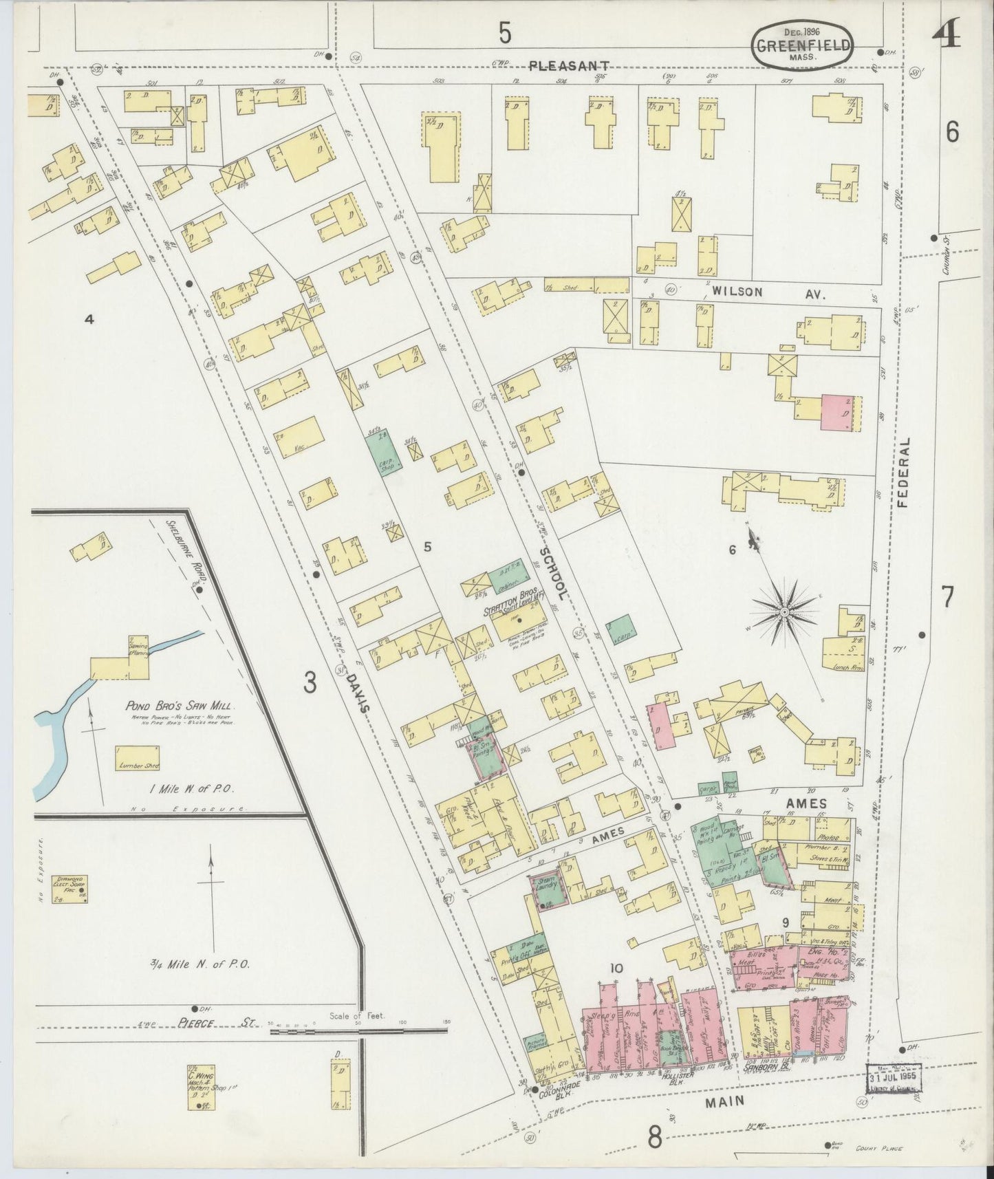 Sanborn Fire Insurance Map from Greenfield, Franklin County, Massachusetts (1896), Sheet #0004 - Complete Map Set gallery image, historic Sanborn map, vintage wall art, Massachusetts Massachusetts
