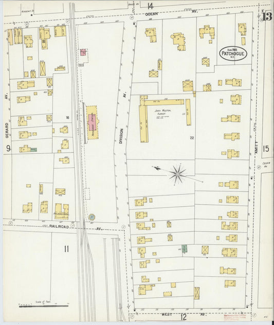 Sanborn Fire Insurance Map from Patchogue, Suffolk County, New York (1902), Sheet #0013 - Historic Sanborn Fire Insurance Map Print, vintage old map wall art, antique decor, genealogy gift, New York New York map