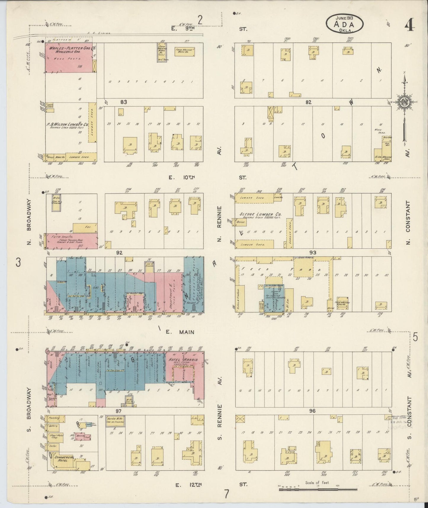 Sanborn Fire Insurance Map from Ada, Pontotoc County, Oklahoma (1913), Sheet #0004 - Historic Sanborn Fire Insurance Map Print, vintage old map wall art, antique decor, genealogy gift, Oklahoma Oklahoma map