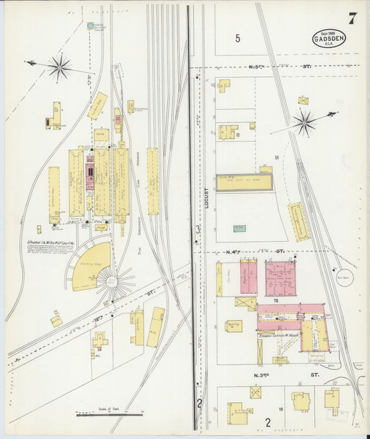 Sanborn Fire Insurance Map from Gadsden, Etowah County, Alabama (1905), Sheet #0007 - Historic Sanborn Fire Insurance Map Print, vintage old map wall art, antique decor, genealogy gift, Alabama Alabama map