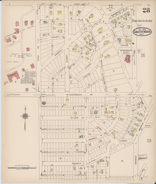 Sanborn Fire Insurance Map from Sault Sainte Marie, Chippewa County, Michigan (1922), Sheet #0028 - Historic Sanborn Fire Insurance Map Print, vintage old map wall art, antique decor, genealogy gift, Michigan Michigan map