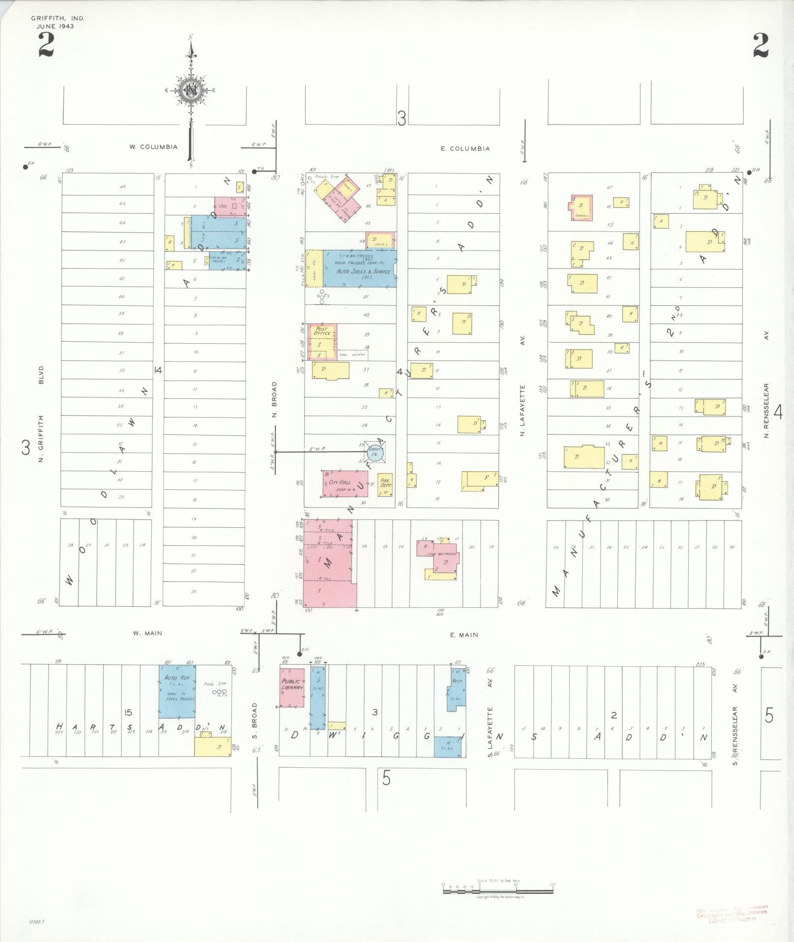 Sanborn Fire Insurance Map from Griffith, Lake County, Indiana (1943), Sheet #0002 - Historic Sanborn Fire Insurance Map Print, vintage old map wall art, antique decor, genealogy gift, Indiana Indiana map