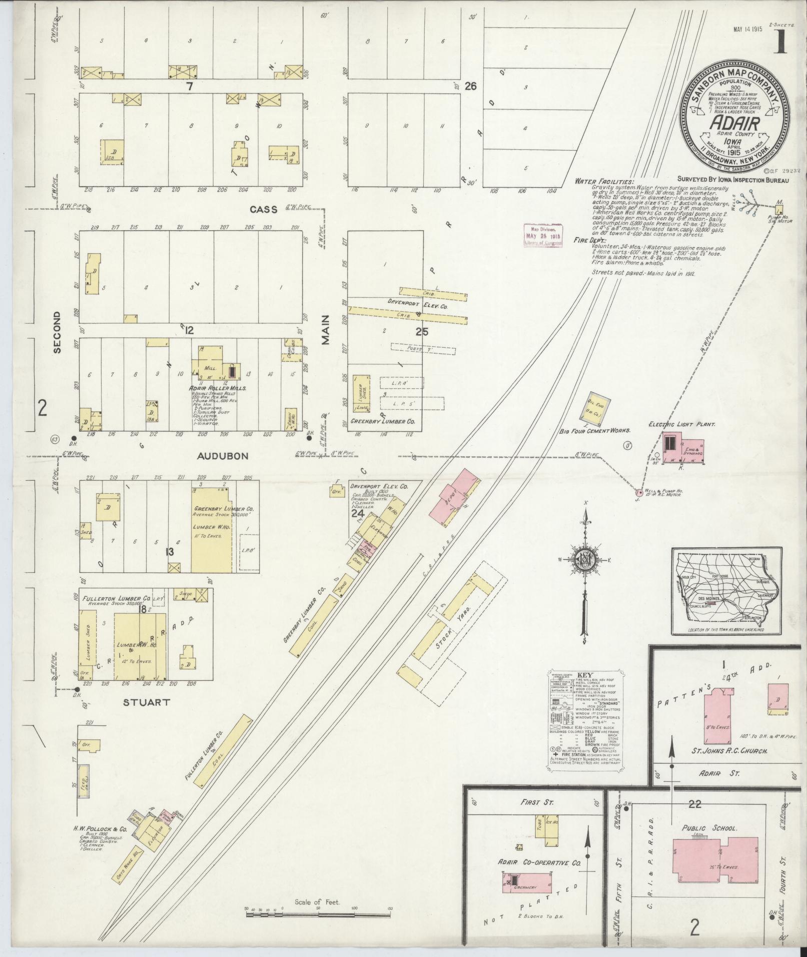 Sanborn Fire Insurance Map from Adair, Adair and Guthrie Counties, Iowa (1915), Sheet #0001 - Historic Sanborn Fire Insurance Map Print, vintage old map wall art