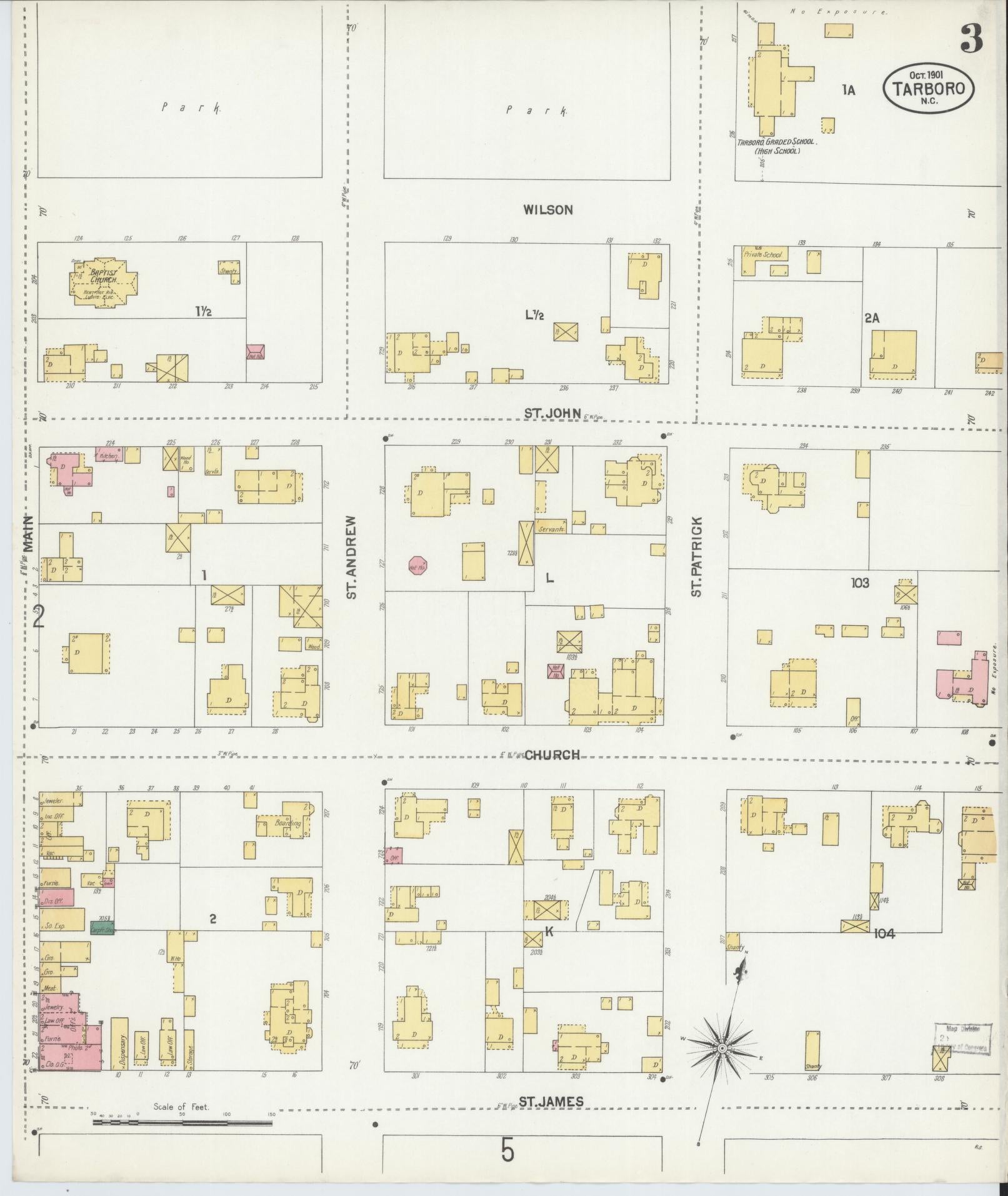 Sanborn Fire Insurance Map from Tarboro, Edgecombe County, North Carolina (1901), Sheet #0003 - Historic Sanborn Fire Insurance Map Print, vintage old map wall art, antique decor, genealogy gift, North Carolina North Carolina map