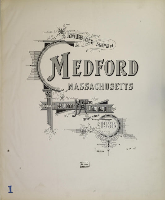 Sanborn Fire Insurance Map from Medford, Middlesex County, Massachusetts (1936), Sheet #0001 - Historic Sanborn Fire Insurance Map Print, vintage old map wall art, antique decor, genealogy gift, Massachusetts Massachusetts map
