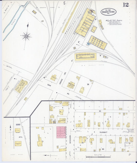 Sanborn Fire Insurance Map from Bonne Terre, Saint Francois County, Missouri (1908), Sheet #0012 - Historic Sanborn Fire Insurance Map Print, vintage old map wall art, antique decor, genealogy gift, Missouri Missouri map