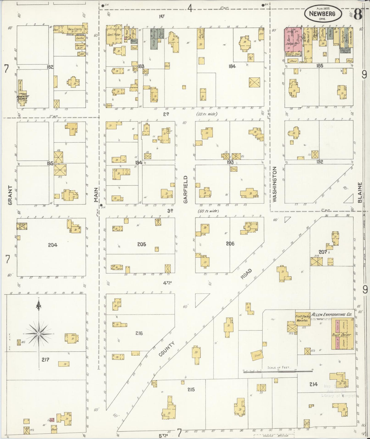 Sanborn Fire Insurance Map from Newberg, Yamhill County, Oregon (1905), Sheet #0008 - Historic Sanborn Fire Insurance Map Print, vintage old map wall art, antique decor, genealogy gift, Oregon Oregon map