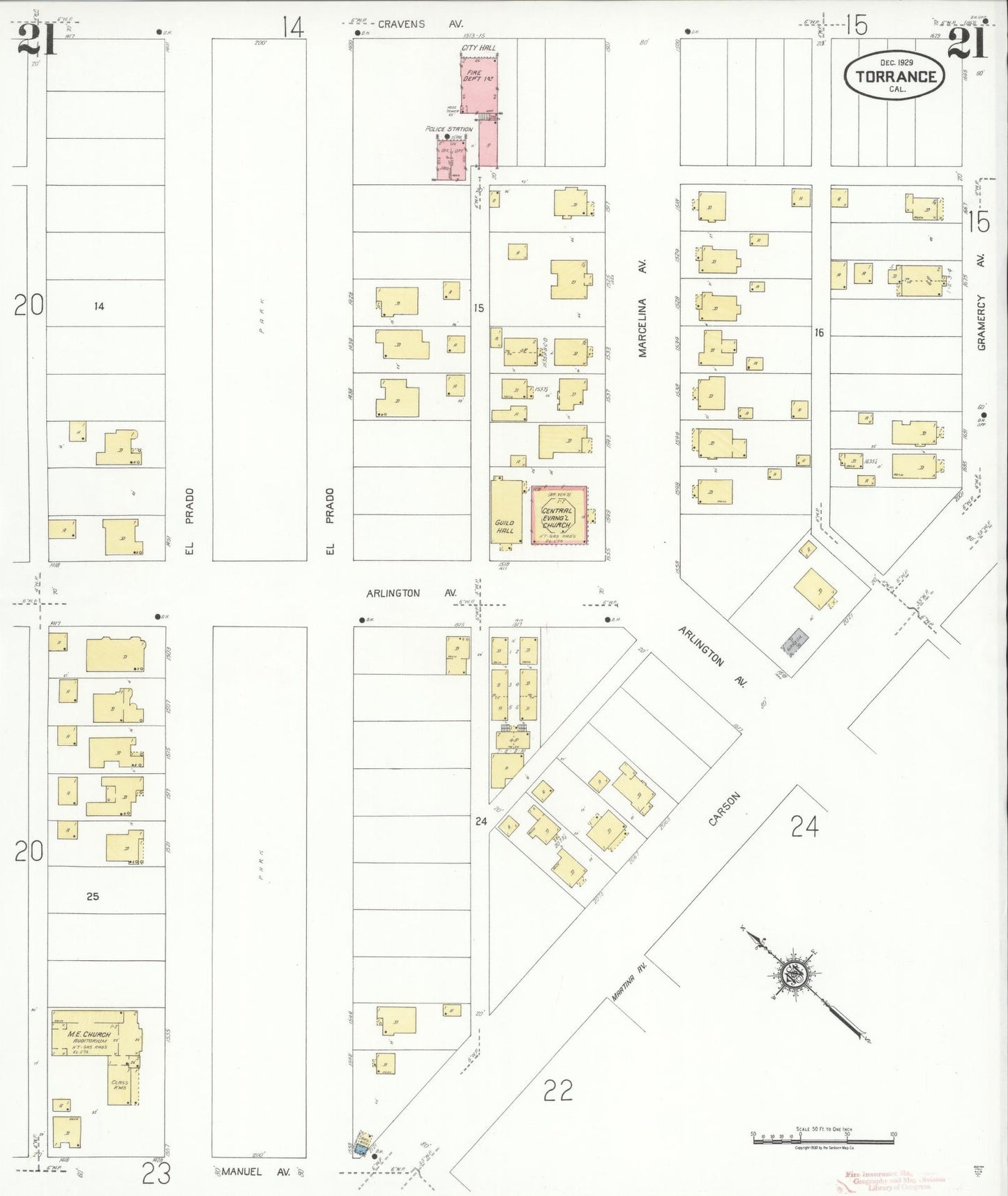 Sanborn Fire Insurance Map from Torrance, Los Angeles County, California (1929), Sheet #0021 - Complete Map Set gallery image, historic Sanborn map, vintage wall art, California California