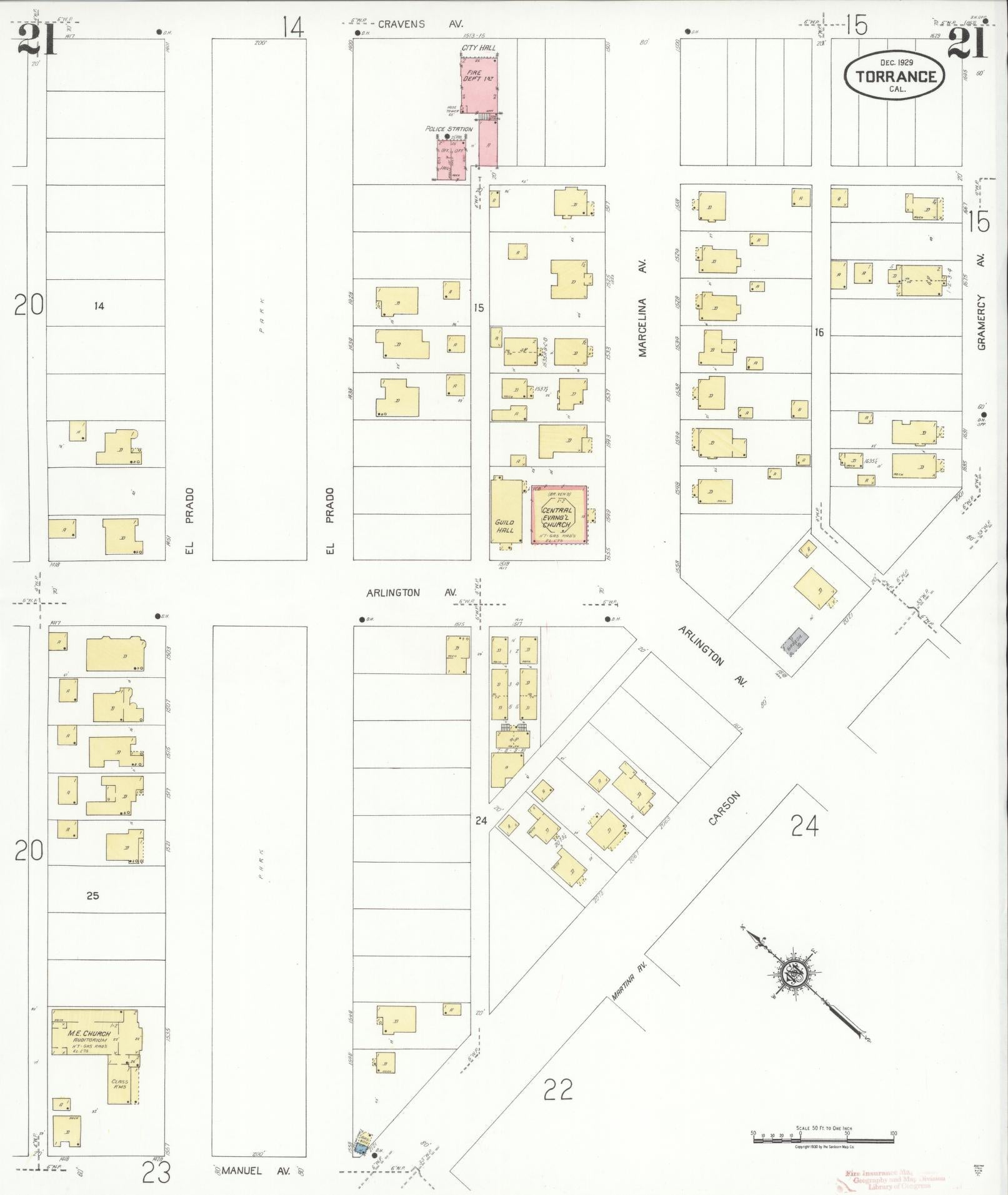 Sanborn Fire Insurance Map from Torrance, Los Angeles County, California (1929), Sheet #0021 - Complete Map Set gallery image, historic Sanborn map, vintage wall art, California California