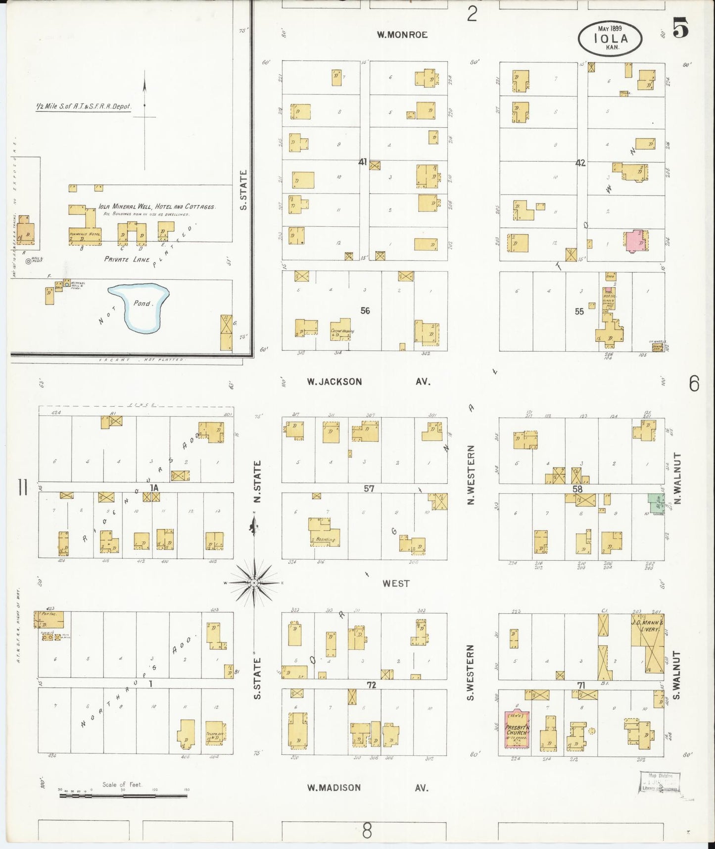 Sanborn Fire Insurance Map from Iola, Allen County, Kansas (1899), Sheet #0005 - Historic Sanborn Fire Insurance Map Print, vintage old map wall art, antique decor, genealogy gift, Kansas Kansas map
