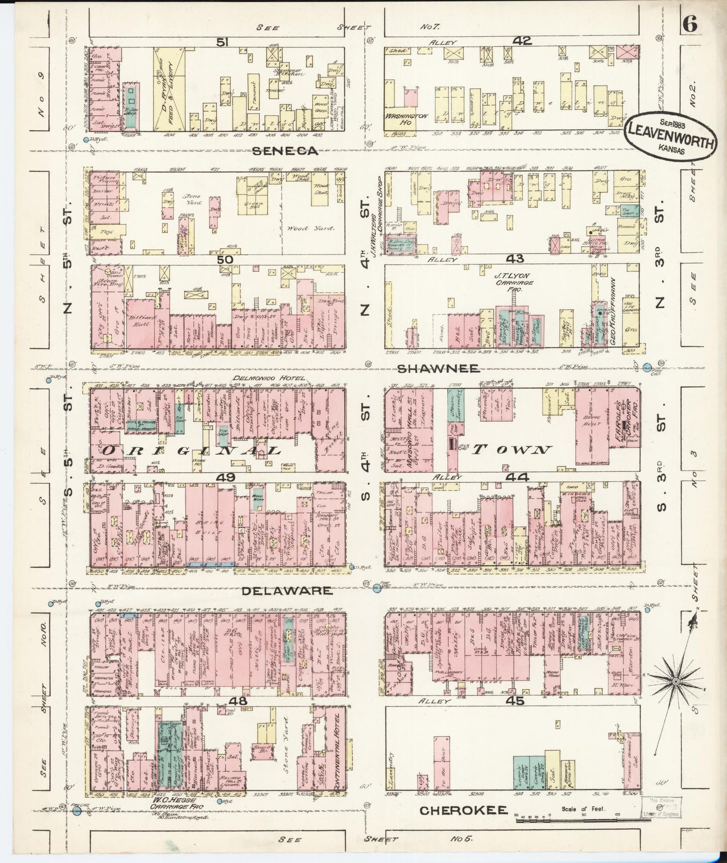 Sanborn Fire Insurance Map from Leavenworth, Leavenworth County, Kansas (1883), Sheet #0006 - Historic Sanborn Fire Insurance Map Print, vintage old map wall art, antique decor, genealogy gift, Kansas Kansas map