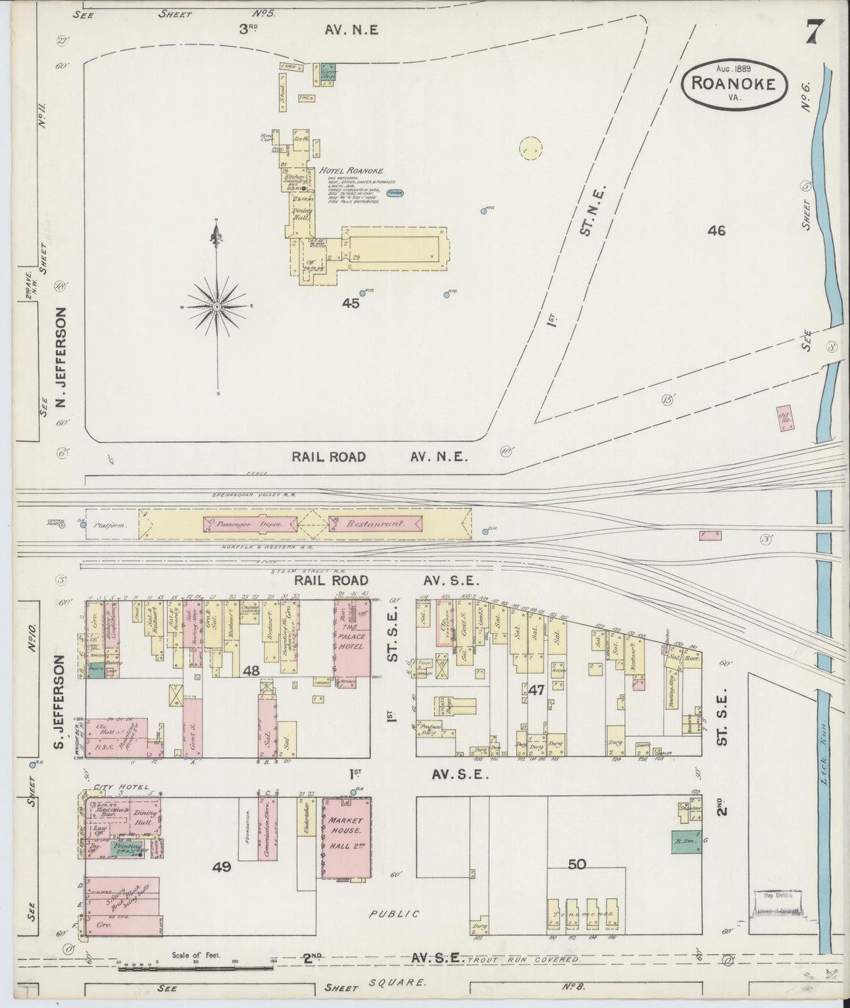 Sanborn Fire Insurance Map from Roanoke, Independent Cities, Virginia (1889), Sheet #0007 - Complete Map Set gallery image, historic Sanborn map, vintage wall art, Virginia Virginia