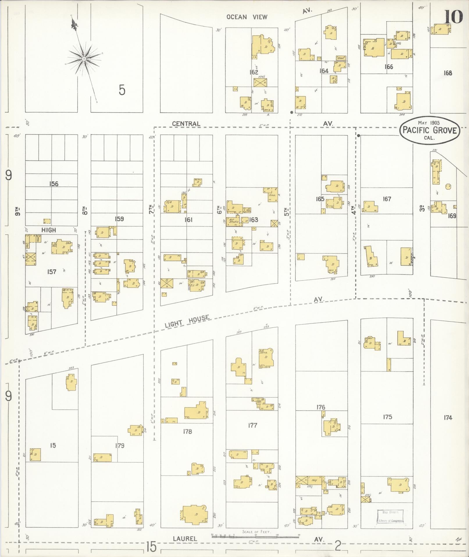 Sanborn Fire Insurance Map from Pacific Grove, Monterey County, California (1905), Sheet #0010 - Complete Map Set gallery image, historic Sanborn map, vintage wall art, California California
