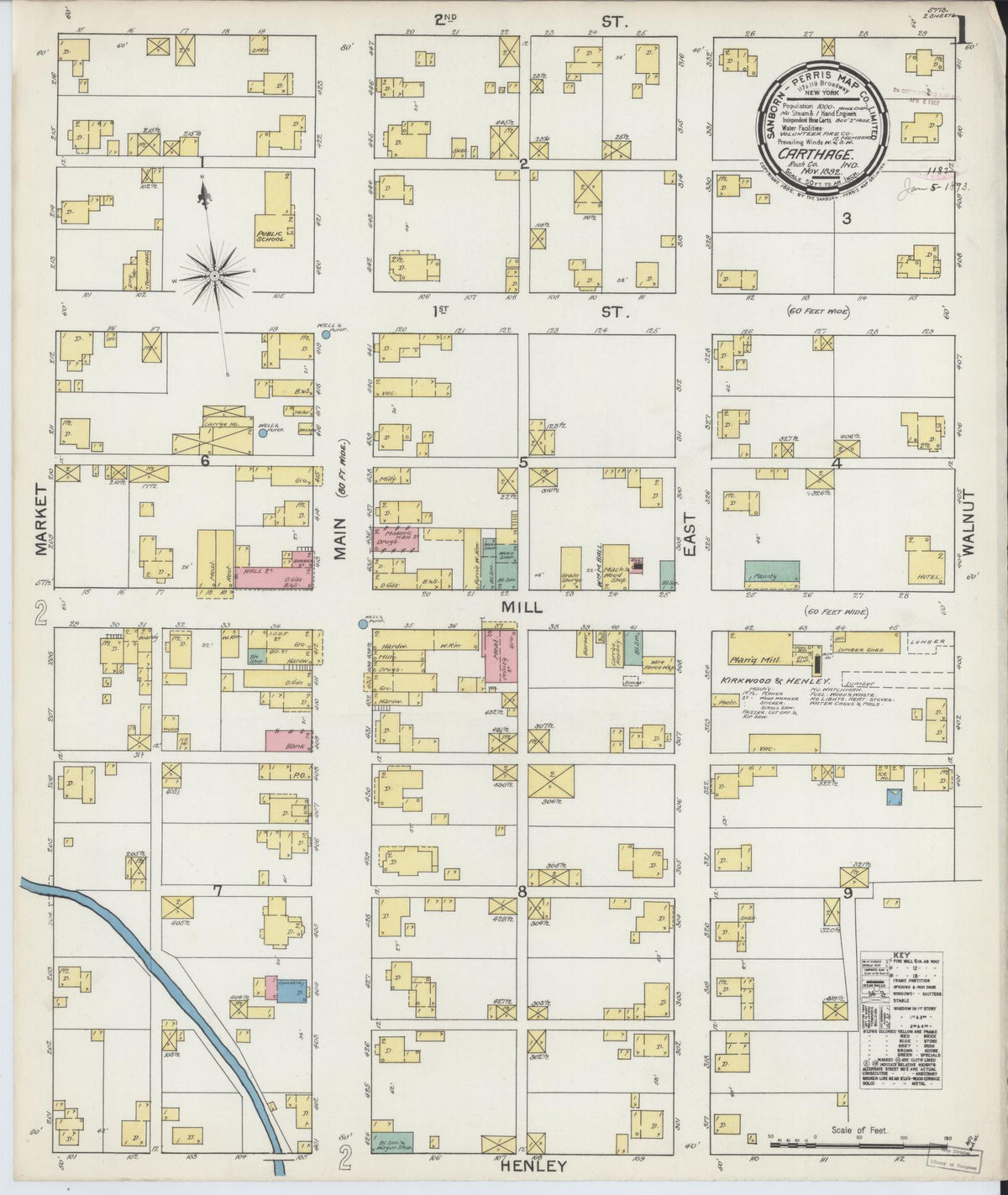 Sanborn Fire Insurance Map from Carthage, Rush County, Indiana (1892), Sheet #0001 - Historic Sanborn Fire Insurance Map Print, vintage old map wall art, antique decor, genealogy gift, Indiana Indiana map