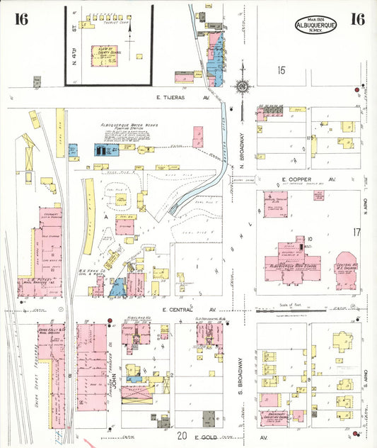 Sanborn Fire Insurance Map from Albuquerque, Bernalillo County, New Mexico (1924), Sheet #0016 - Historic Sanborn Fire Insurance Map Print, vintage old map wall art, antique decor, genealogy gift, New Mexico New Mexico map
