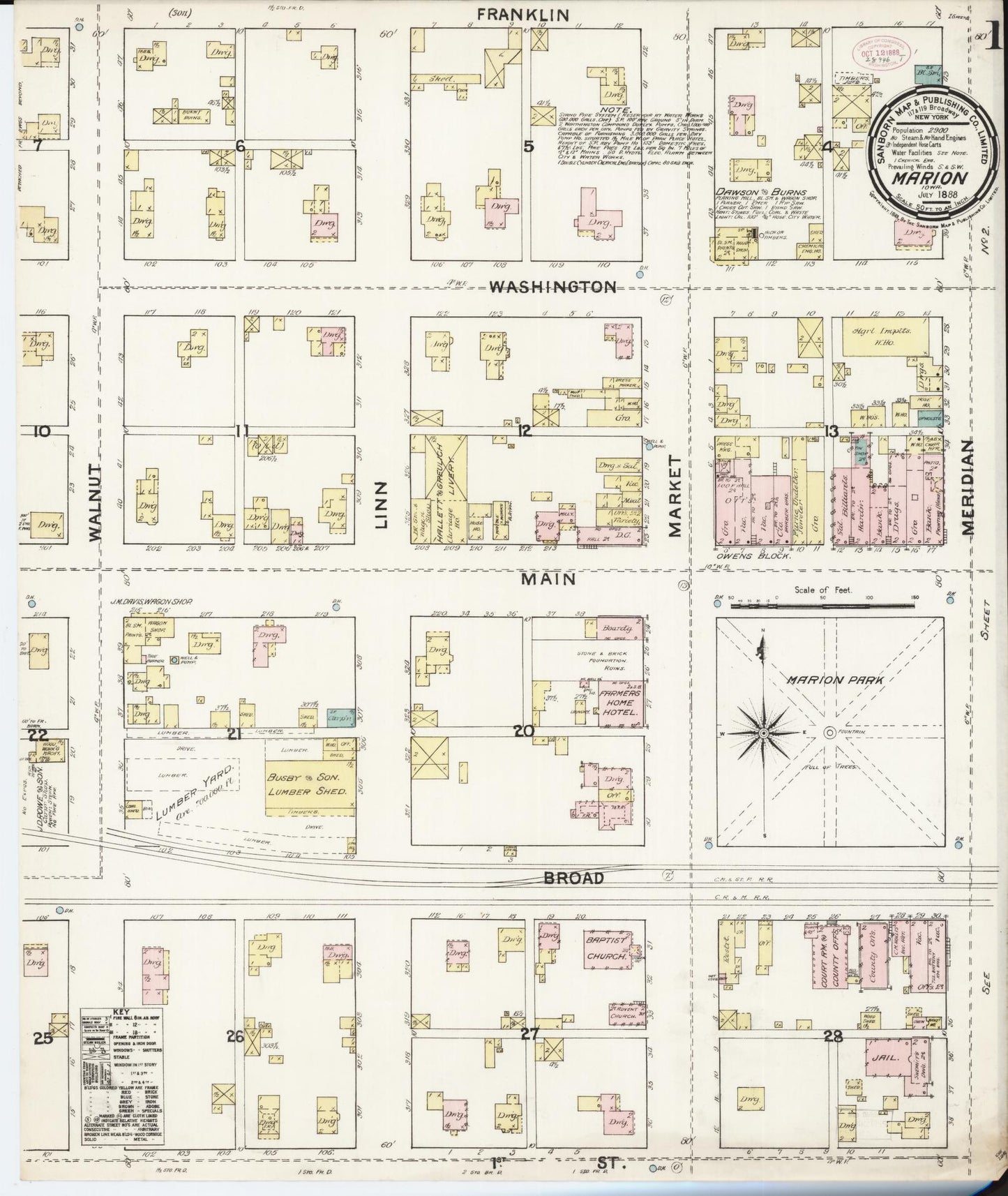 Sanborn Fire Insurance Map from Marion, Linn County, Iowa (1888), Sheet #0001 - Historic Sanborn Fire Insurance Map Print