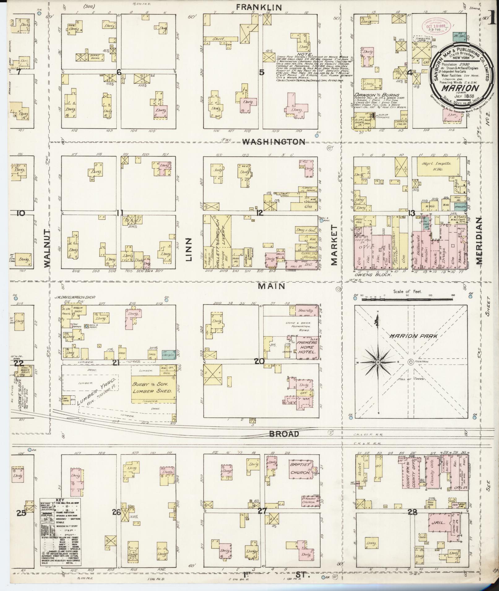 Sanborn Fire Insurance Map from Marion, Linn County, Iowa (1888), Sheet #0001 - Historic Sanborn Fire Insurance Map Print