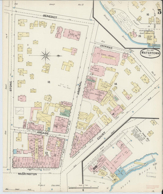 Sanborn Fire Insurance Map from Watertown, Jefferson County, New York (1890), Sheet #0005 - Historic Sanborn Fire Insurance Map Print, vintage old map wall art, antique decor, genealogy gift, New York New York map