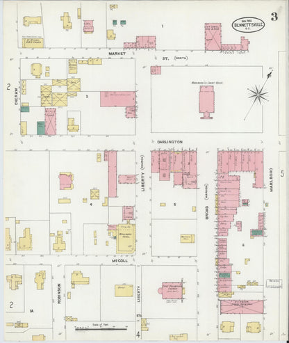 Sanborn Fire Insurance Map from Bennettsville, Marlboro County, South Carolina (1906), Sheet #0003 - Complete Map Set gallery image, historic Sanborn map, vintage wall art, South Carolina South Carolina