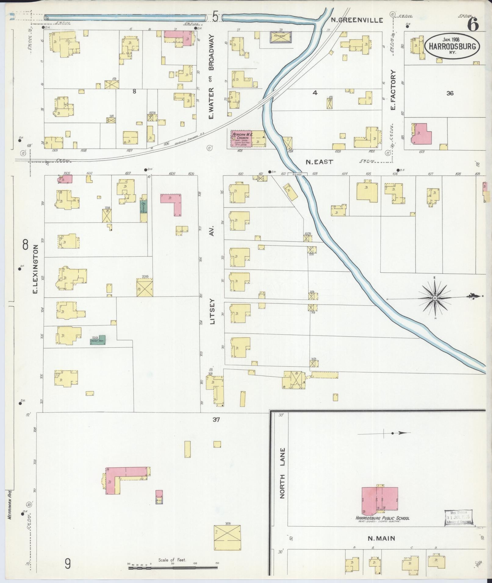 Sanborn Fire Insurance Map from Harrodsburg, Mercer County, Kentucky (1908), Sheet #0006 - Complete Map Set gallery image, historic Sanborn map, vintage wall art, Kentucky Kentucky