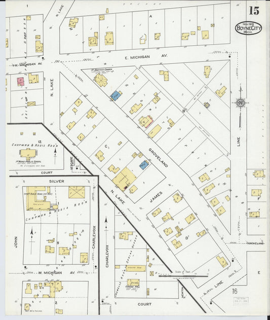 Sanborn Fire Insurance Map from Boyne City, Charlevoix County, Michigan (1919), Sheet #0015 - Historic Sanborn Fire Insurance Map Print, vintage old map wall art, antique decor, genealogy gift, Michigan Michigan map