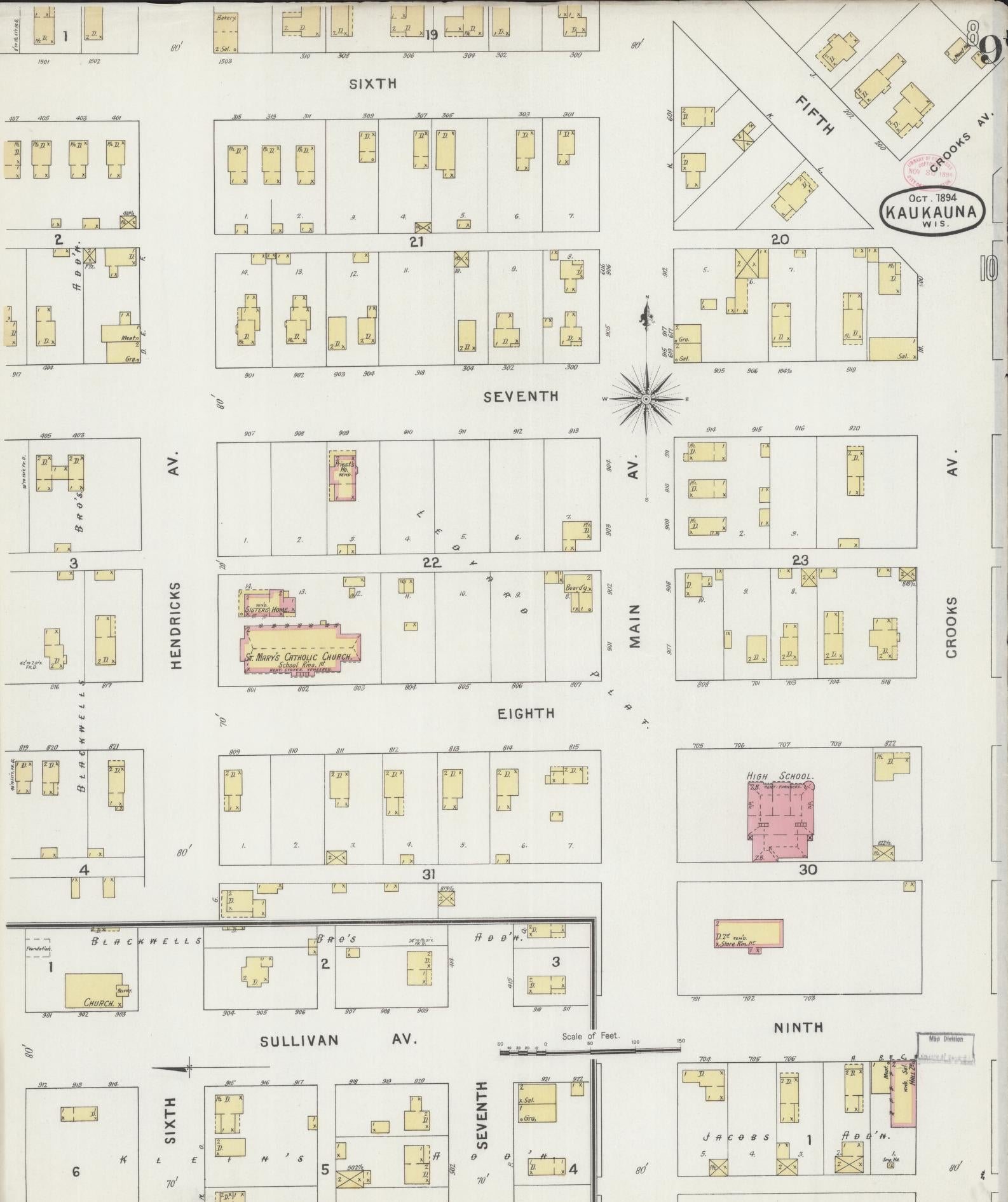 Sanborn Fire Insurance Map from Kaukauna, Outagamie County, Wisconsin (1894), Sheet #0009 - Historic Sanborn Fire Insurance Map Print, vintage old map wall art, antique decor, genealogy gift, Wisconsin Wisconsin map