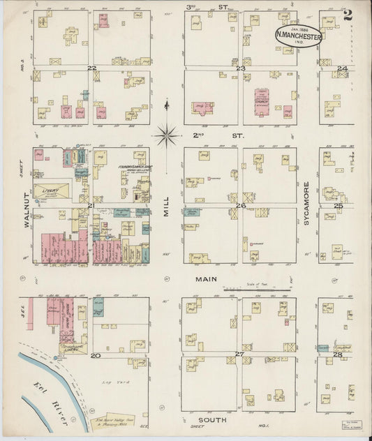Sanborn Fire Insurance Map from North Manchester, Wabash County, Indiana (1886), Sheet #0002 - Historic Sanborn Fire Insurance Map Print, vintage old map wall art, antique decor, genealogy gift, Indiana Indiana map