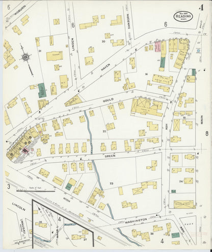 Sanborn Fire Insurance Map from Reading, Middlesex County, Massachusetts (1909), Sheet #0004 - Historic Sanborn Fire Insurance Map Print, vintage old map wall art, antique decor, genealogy gift, Massachusetts Massachusetts map