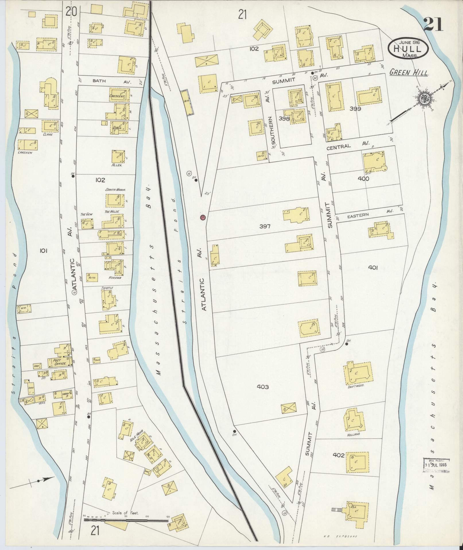 Sanborn Fire Insurance Map from Hull, Plymouth County, Massachusetts (1916), Sheet #0021 - Historic Sanborn Fire Insurance Map Print, vintage old map wall art, antique decor, genealogy gift, Massachusetts Massachusetts map