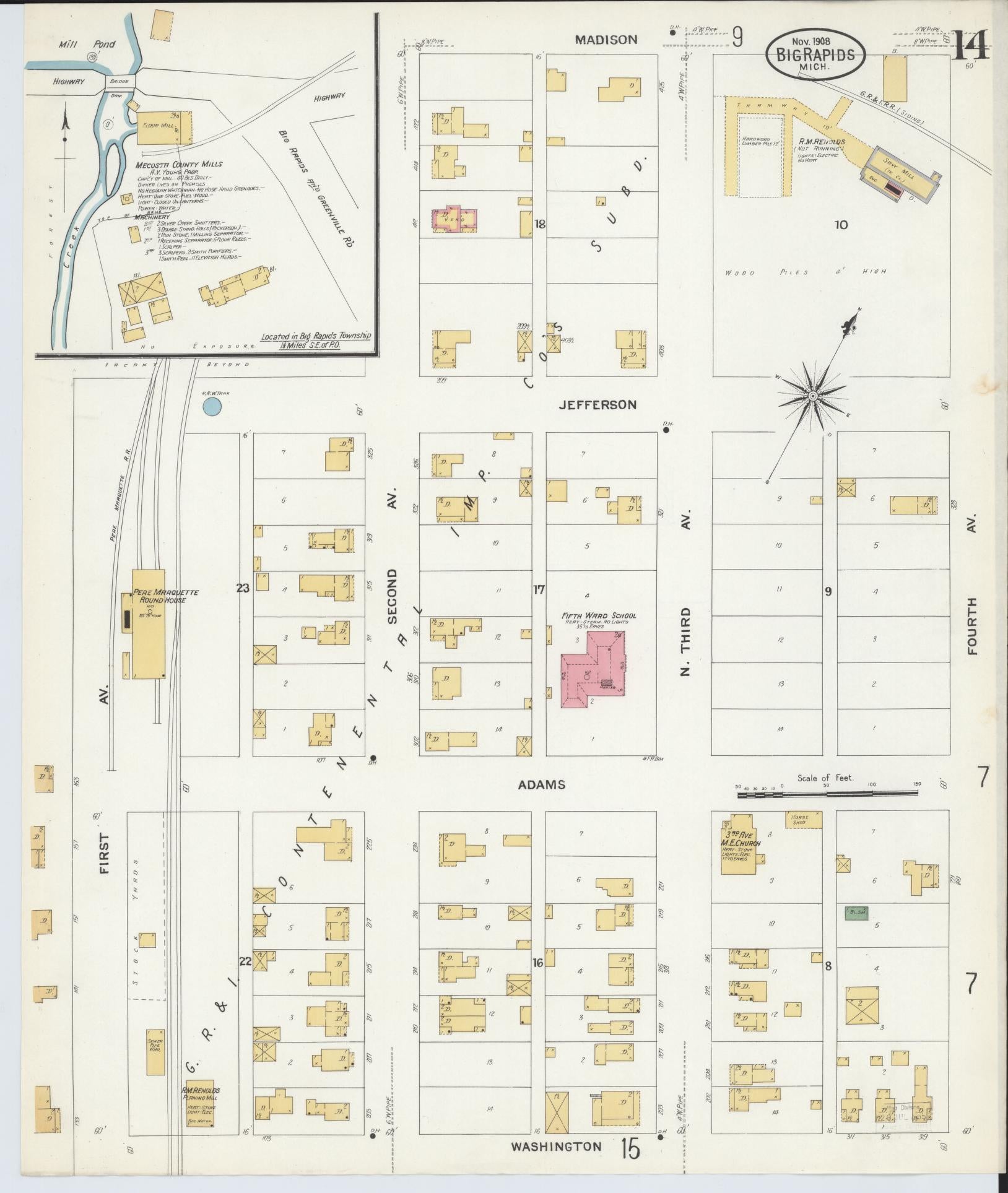 Sanborn Fire Insurance Map from Big Rapids, Mecosta County, Michigan (1908), Sheet #0014 - Complete Map Set gallery image, historic Sanborn map, vintage wall art, Michigan Michigan
