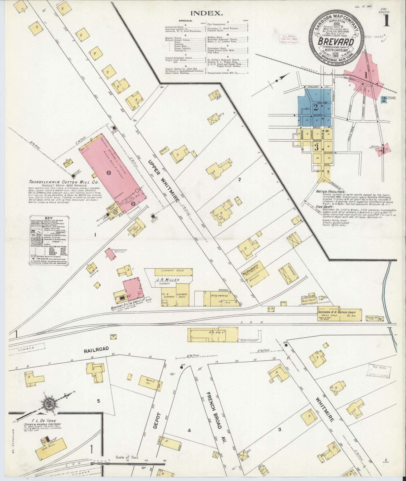 Sanborn Fire Insurance Map from Brevard, Transylvania County, North Carolina (1911), Sheet #0001 - Historic Sanborn Fire Insurance Map Print, vintage old map wall art, antique decor, genealogy gift, North Carolina North Carolina map