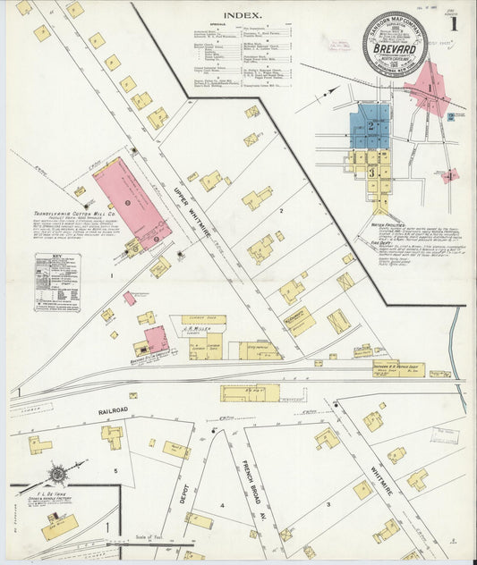Sanborn Fire Insurance Map from Brevard, Transylvania County, North Carolina (1911), Sheet #0001 - Historic Sanborn Fire Insurance Map Print, vintage old map wall art, antique decor, genealogy gift, North Carolina North Carolina map
