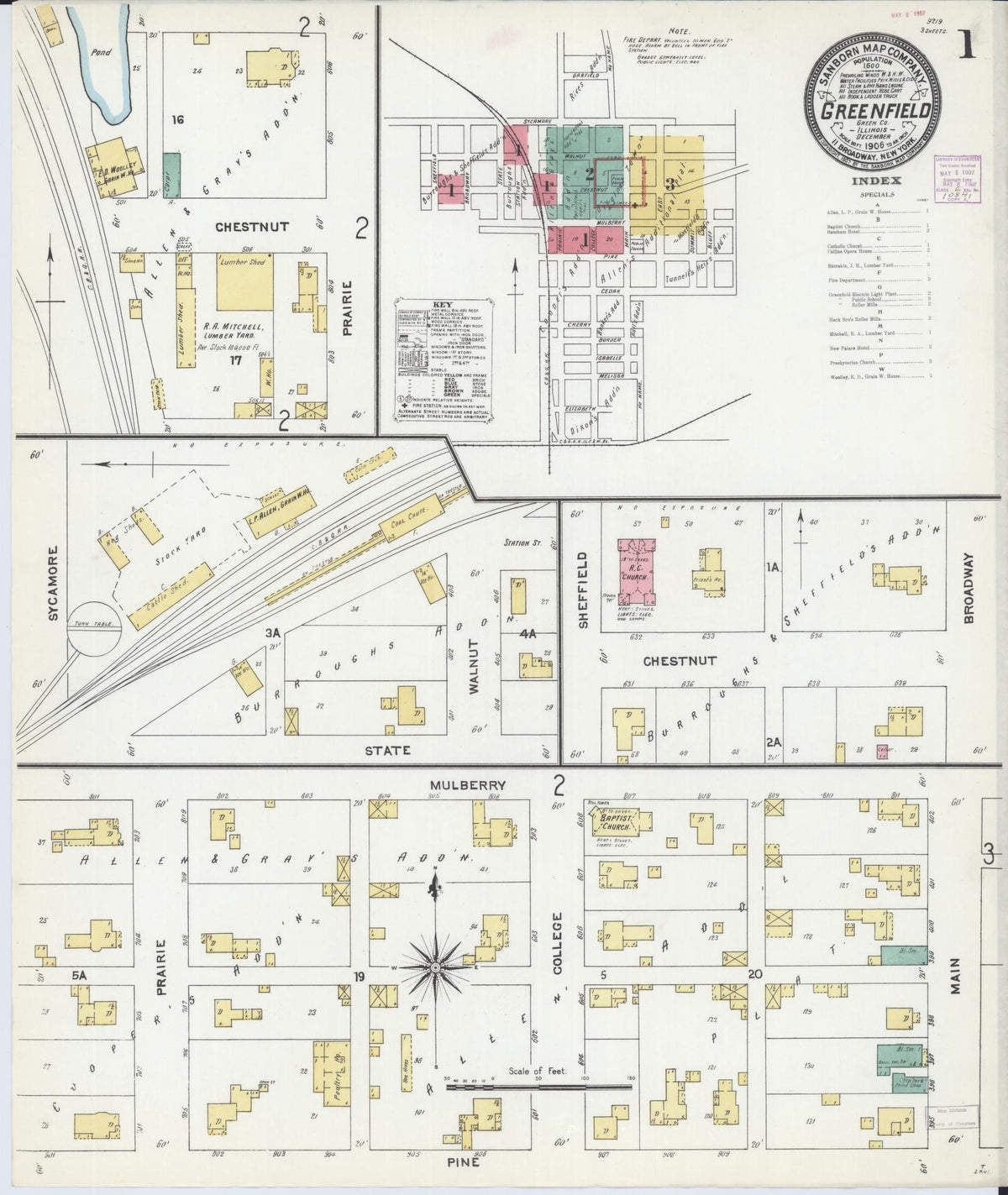 Sanborn Fire Insurance Map from Greenfield, Greene County, Illinois (1906), Sheet #0001 - Complete Map Set gallery image, historic Sanborn map, vintage wall art, Illinois Illinois