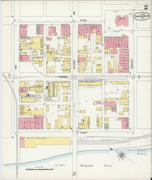 Sanborn Fire Insurance Map from Parkersburg, Wood County, West Virginia (1898), Sheet #0002 - Historic Sanborn Fire Insurance Map Print, vintage old map wall art, antique decor, genealogy gift, West Virginia West Virginia map