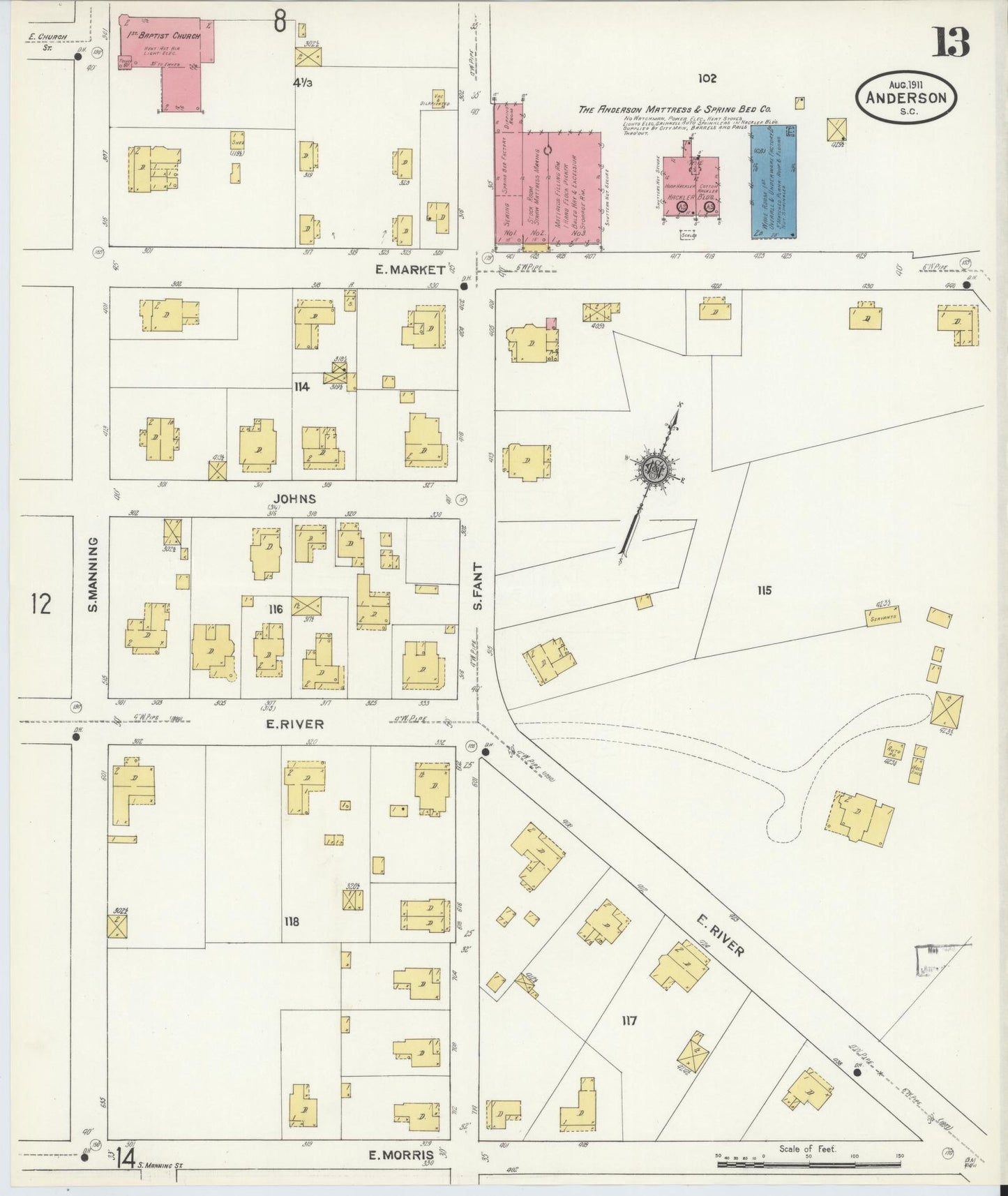 Sanborn Fire Insurance Map from Anderson, Anderson County, South Carolina (1911), Sheet #0013 - Complete Map Set gallery image, historic Sanborn map, vintage wall art, South Carolina South Carolina