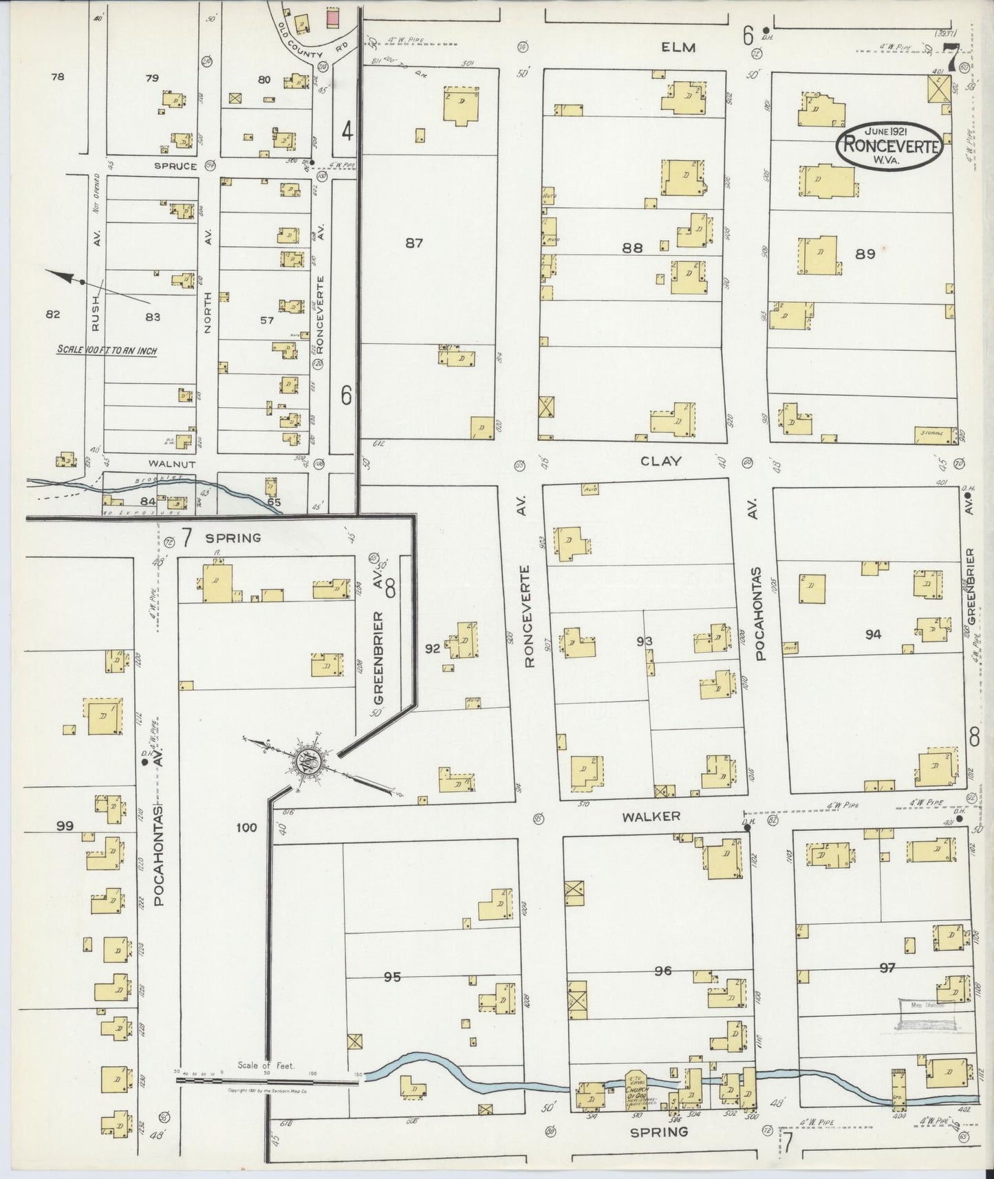 Sanborn Fire Insurance Map from Ronceverte, Greenbrier County, West Virginia (1921), Sheet #0007 - Historic Sanborn Fire Insurance Map Print, vintage old map wall art, antique decor, genealogy gift, West Virginia West Virginia map