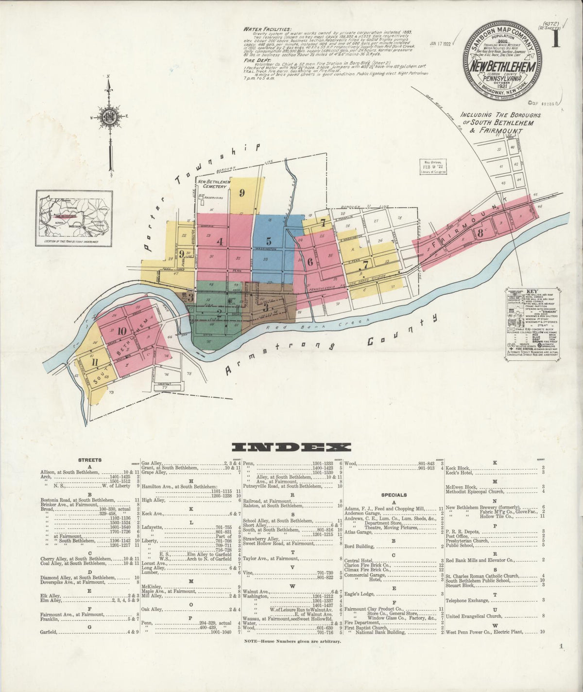 Sanborn Fire Insurance Map from New Bethlehem, Clarion County, Pennsylvania (1921), Sheet #0001 - Historic Sanborn Fire Insurance Map Print, vintage old map wall art, antique decor, genealogy gift, Pennsylvania Pennsylvania map