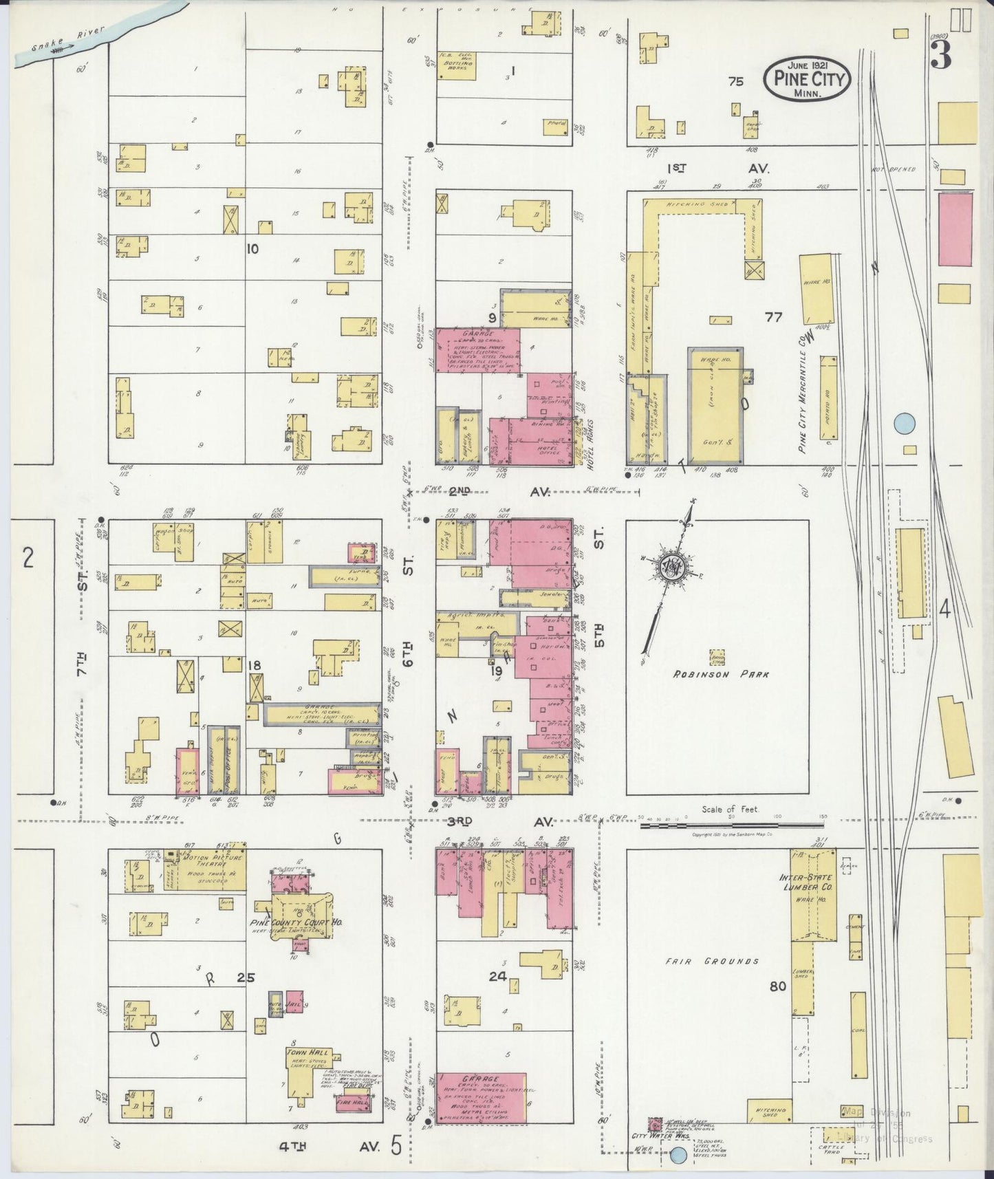 Sanborn Fire Insurance Map from Pine City, Pine County, Minnesota (1921), Sheet #0003 - Historic Sanborn Fire Insurance Map Print, vintage old map wall art, antique decor, genealogy gift, Minnesota Minnesota map